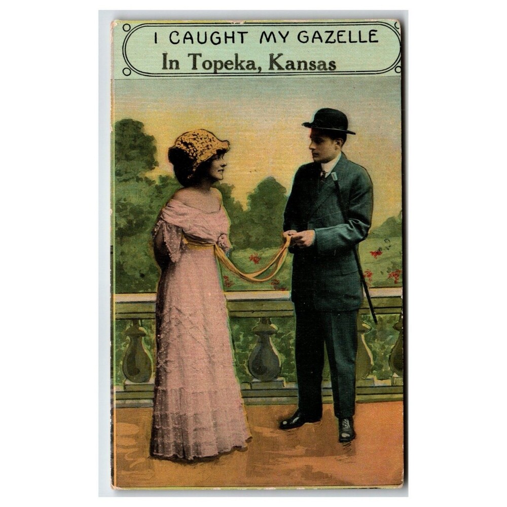 Vintage Topeka Kansas Local Lover Postcard - "I Caught My Gazelle" Humorous Art